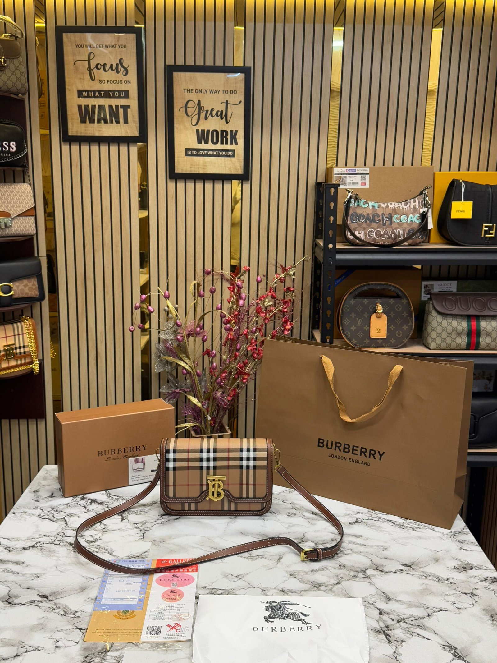BURBERRY SMALL TWO TONE CANVAS AND LEATHER TB BAG